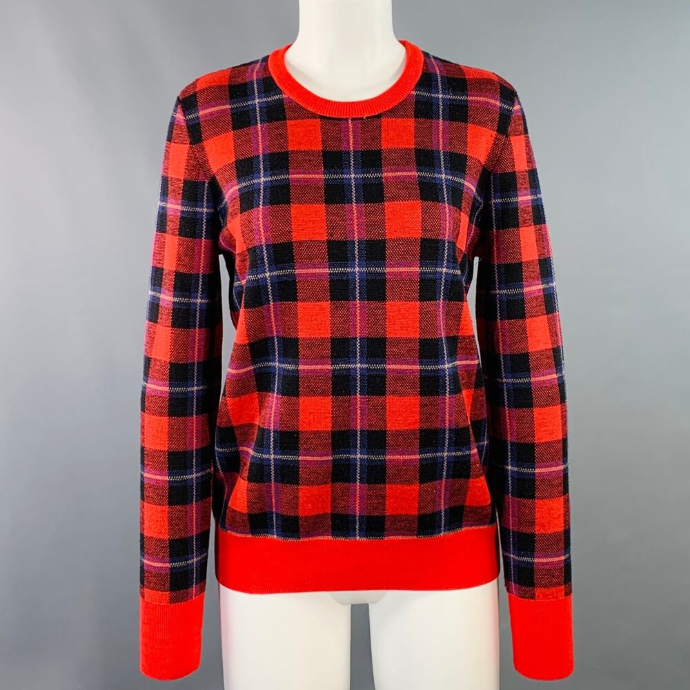 EQUIPMENT Size S Red Black Blue Wool Blend Plaid Crew Neck Pullover